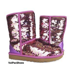 Classic Short Sequin Pink Fur Boots NEW